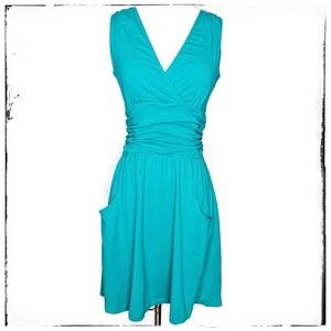 Athleta Turquoise V-Neck, Wrap front, Ruched A-Line Dress Sz S